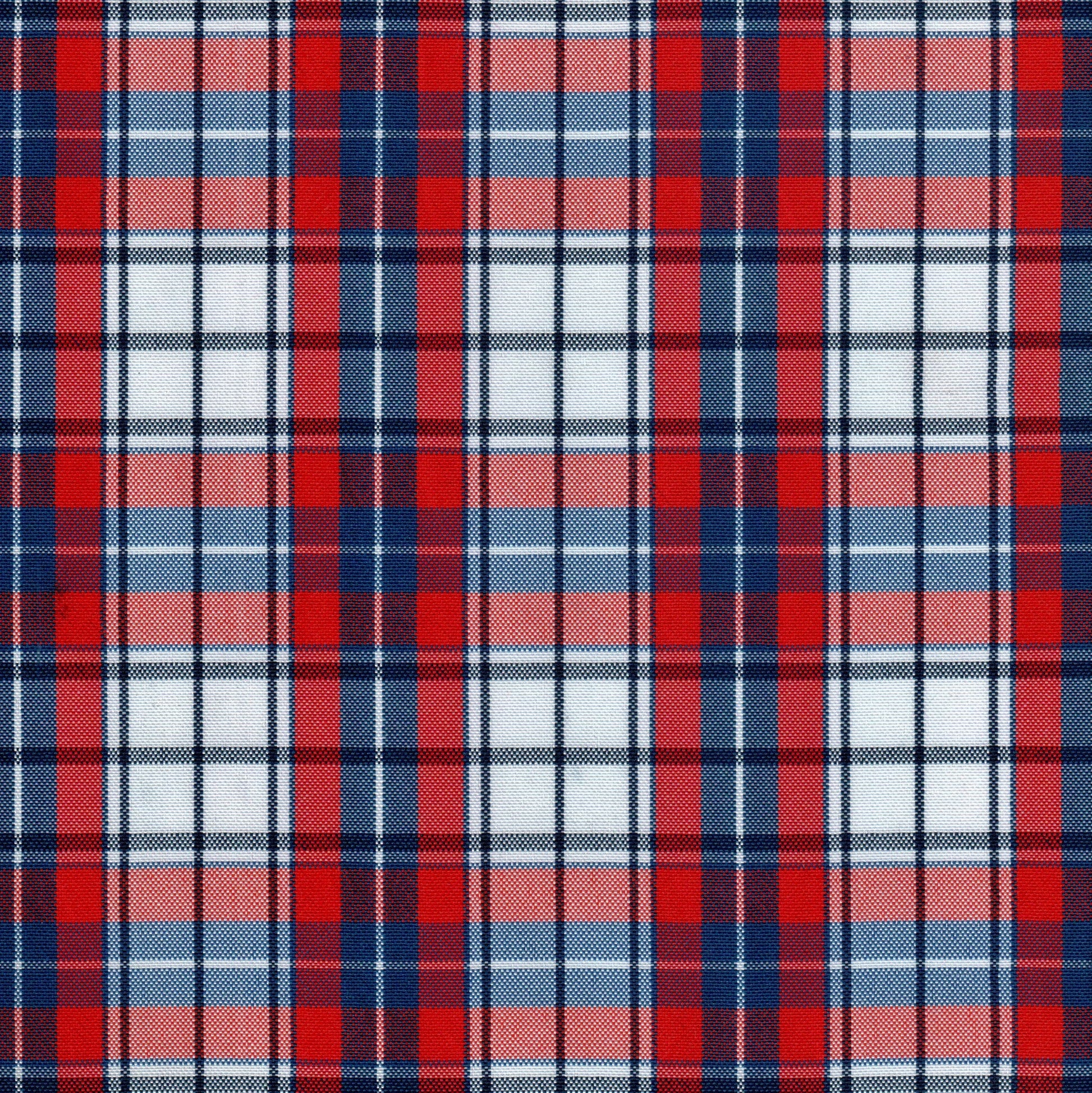Tela escocesa de poliéster SchoolLine, cuadro rojo-azul-blanco, ideal para uniformes escolares e institucionales.