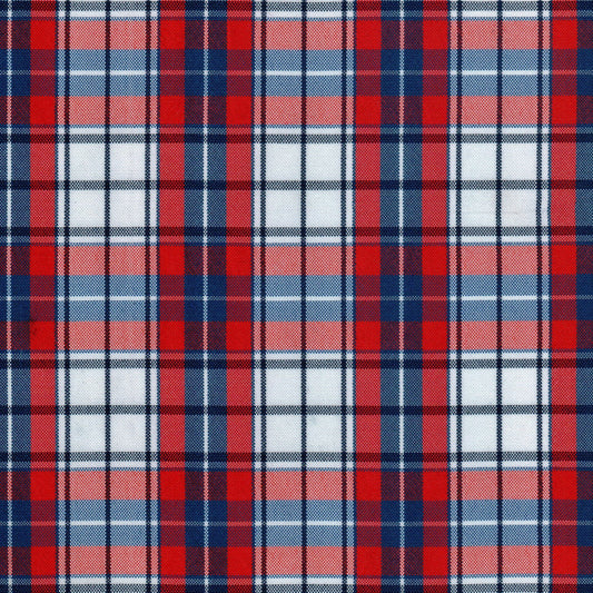 Tela escocesa de poliéster SchoolLine, cuadro rojo-azul-blanco, ideal para uniformes escolares e institucionales.