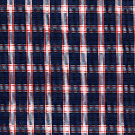 Tela escocesa de poliéster SchoolLine, cuadros azul marino, rojo y blanco, ideal para uniformes escolares e institucionales.