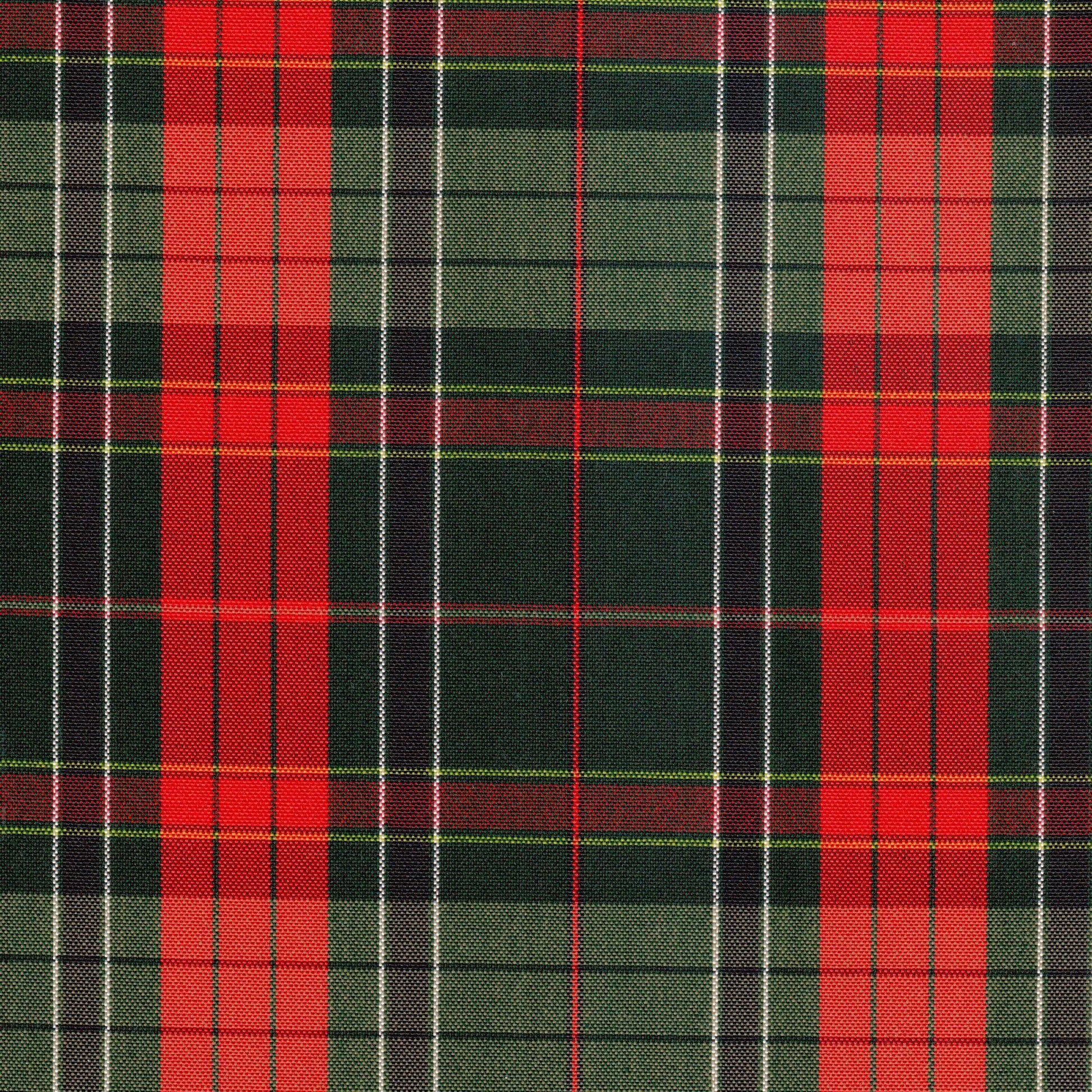 Tela escocesa de poliéster SchoolLine con tartán rojo y verde, líneas blancas; ideal para uniformes escolares.