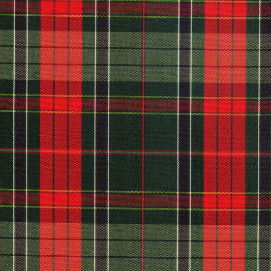 Tela escocesa de poliéster SchoolLine con tartán rojo y verde, líneas blancas; ideal para uniformes escolares.