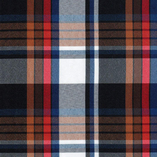 Tela escocesa de poliéster SchoolLine, cuadros beige, azul y rojo, para uniformes escolares e institucionales.