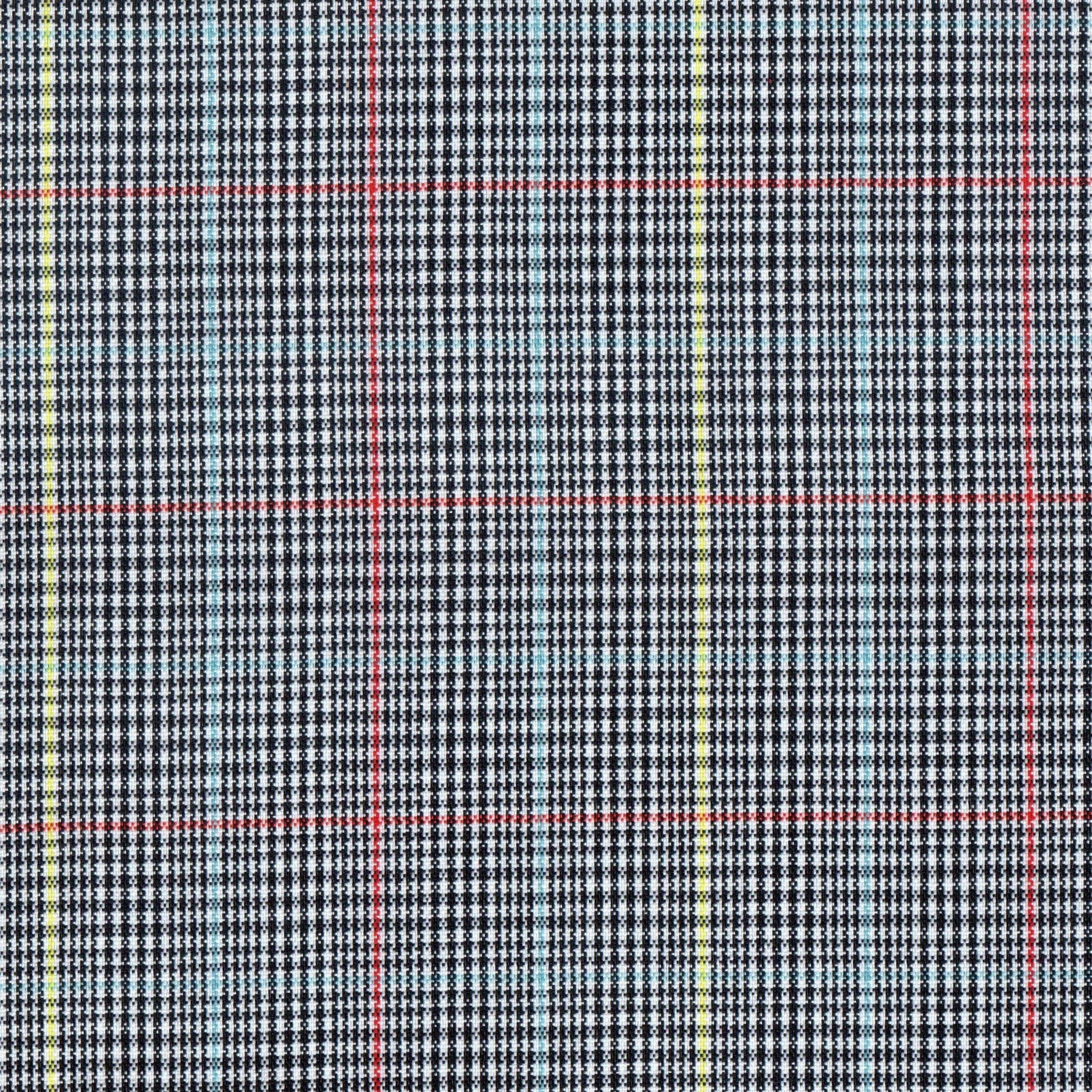 Tela escocesa de poliéster SchoolLine en tartán negro/blanco con líneas amarillas, rojas y azules; ideal para uniformes escolares.