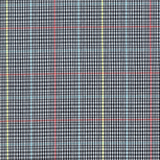 Tela escocesa de poliéster SchoolLine en tartán negro/blanco con líneas amarillas, rojas y azules; ideal para uniformes escolares.