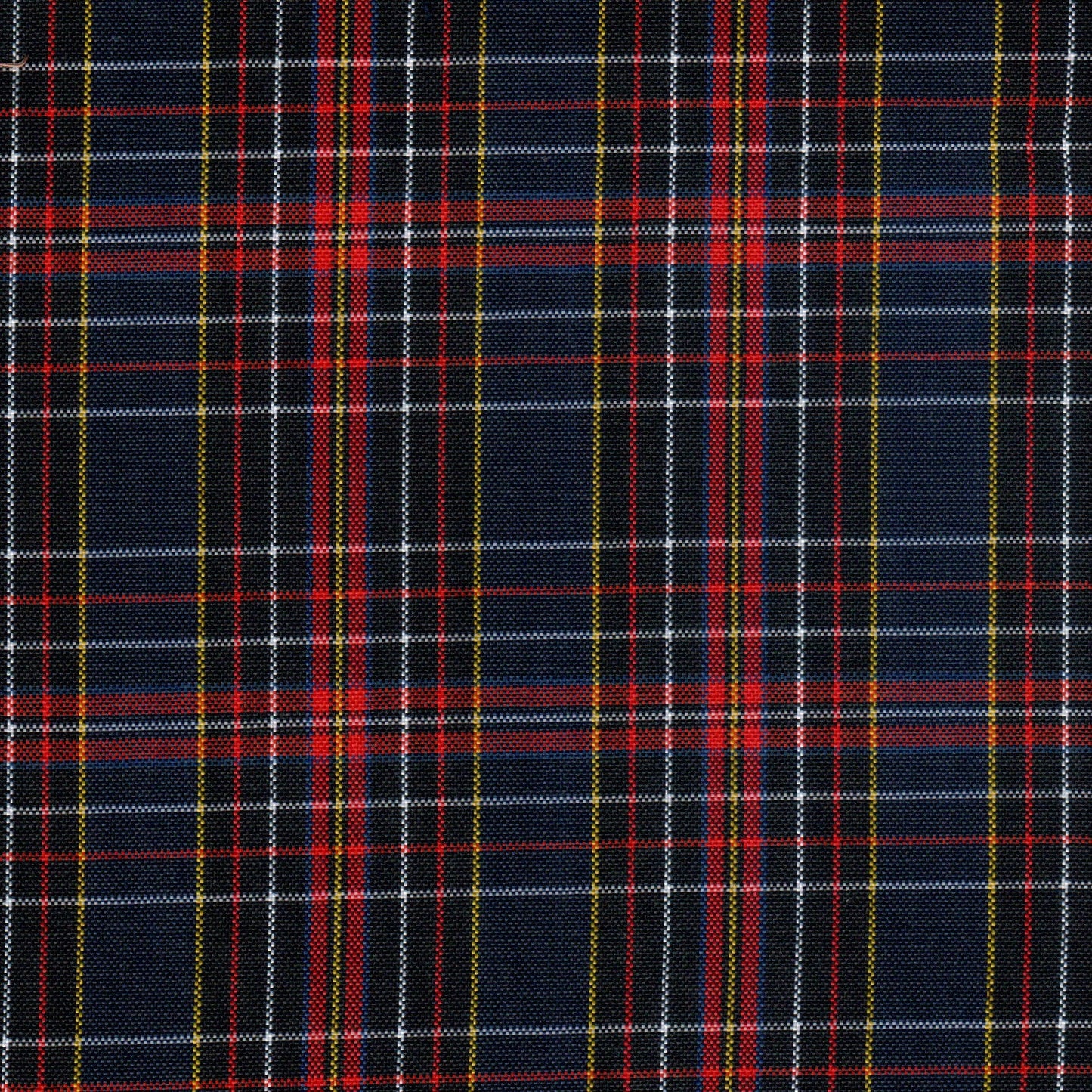 Tela escocesa de poliéster azul marino con rayas rojas y amarillas; ideal para uniformes escolares, SchoolLine.