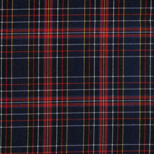 Tela escocesa de poliéster azul marino con rayas rojas y amarillas; ideal para uniformes escolares, SchoolLine.