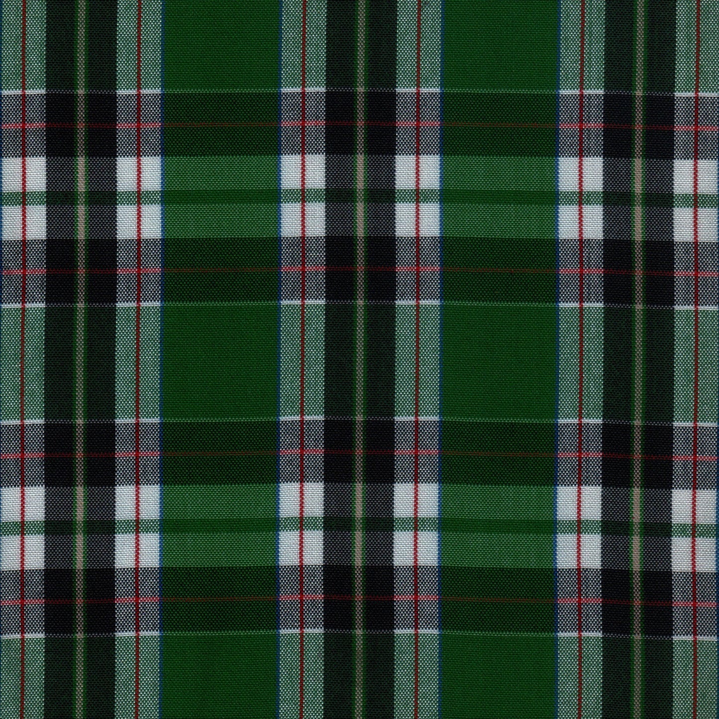 Tela escocesa de poliéster SchoolLine tartán verde con cuadros negro, blanco y rojo para uniformes escolares.