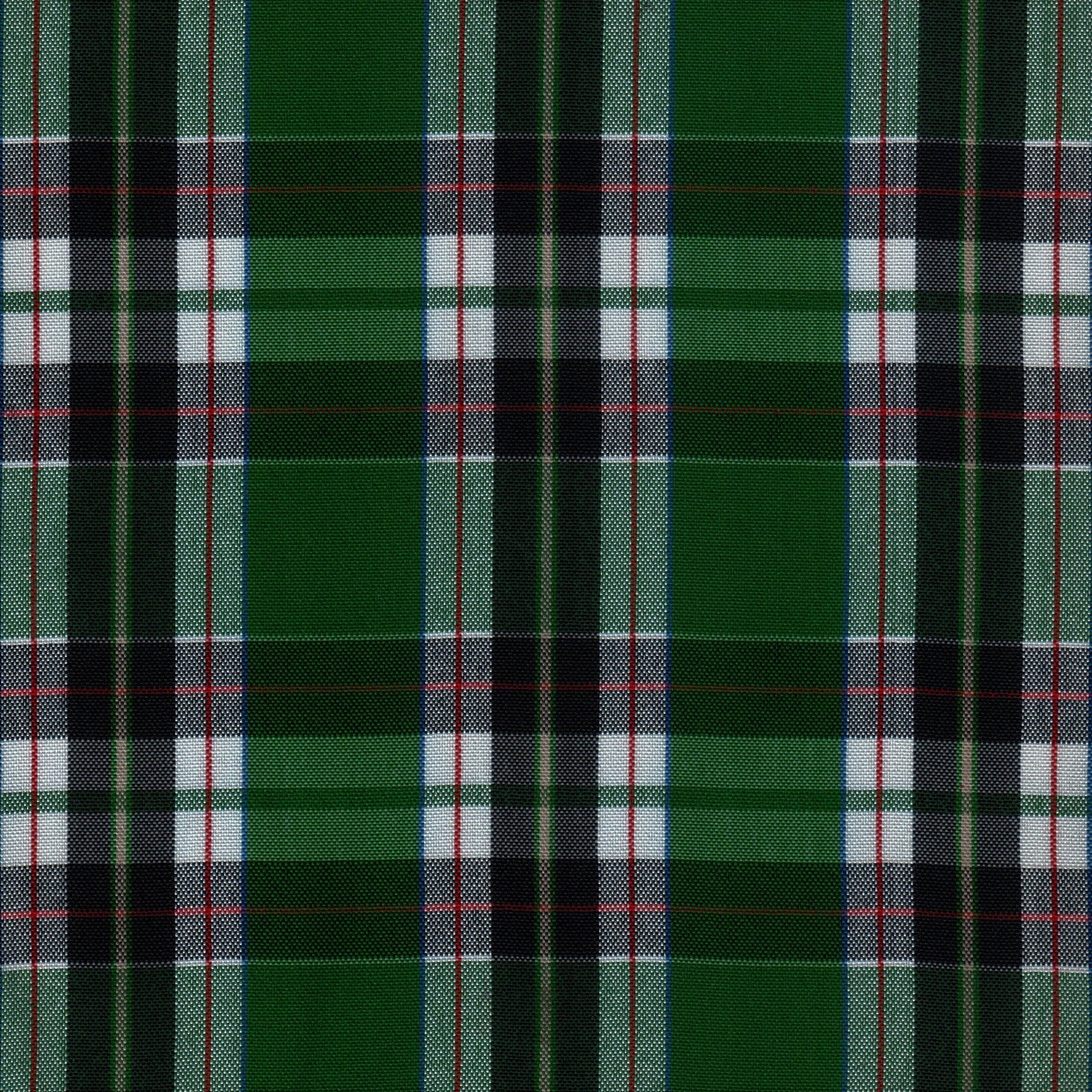 Tela escocesa de poliéster SchoolLine tartán verde con cuadros negro, blanco y rojo para uniformes escolares.
