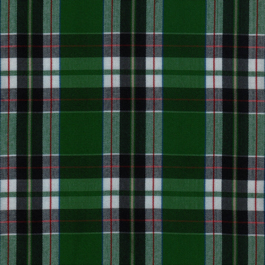 Tela escocesa de poliéster SchoolLine tartán verde con cuadros negro, blanco y rojo para uniformes escolares.