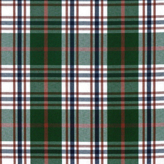 Tela escocesa de poliéster SchoolLine, verde y blanco a cuadros con azul/marrón, ideal para uniformes escolares e institucionales.