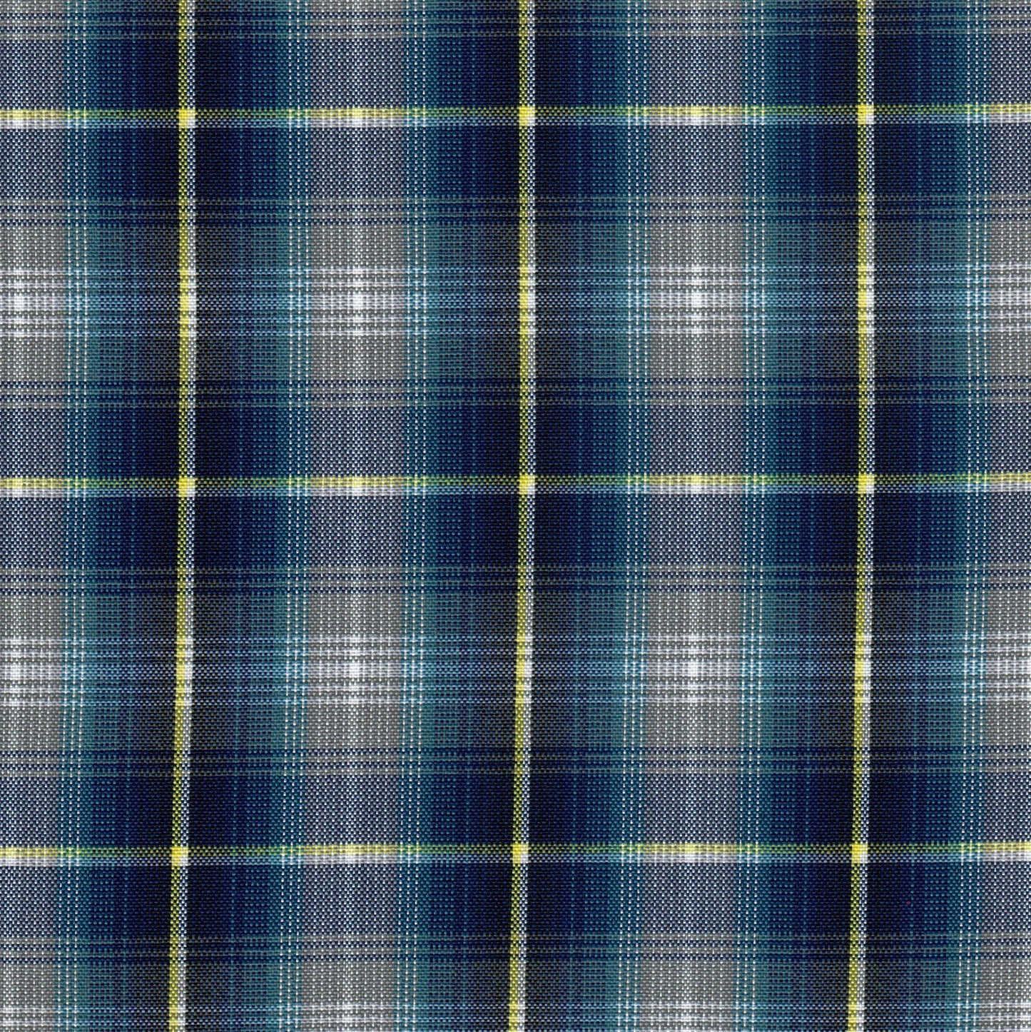Tela escocesa de poliéster SchoolLine en azul marino con cuadros y líneas amarillas, ideal para uniformes escolares e institucionales.