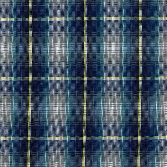 Tela escocesa de poliéster SchoolLine en azul marino con cuadros y líneas amarillas, ideal para uniformes escolares e institucionales.