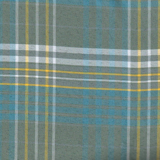 Tela escocesa de poliéster SchoolLine, cuadro verde azulado y gris con líneas amarillas, ideal para uniformes escolares