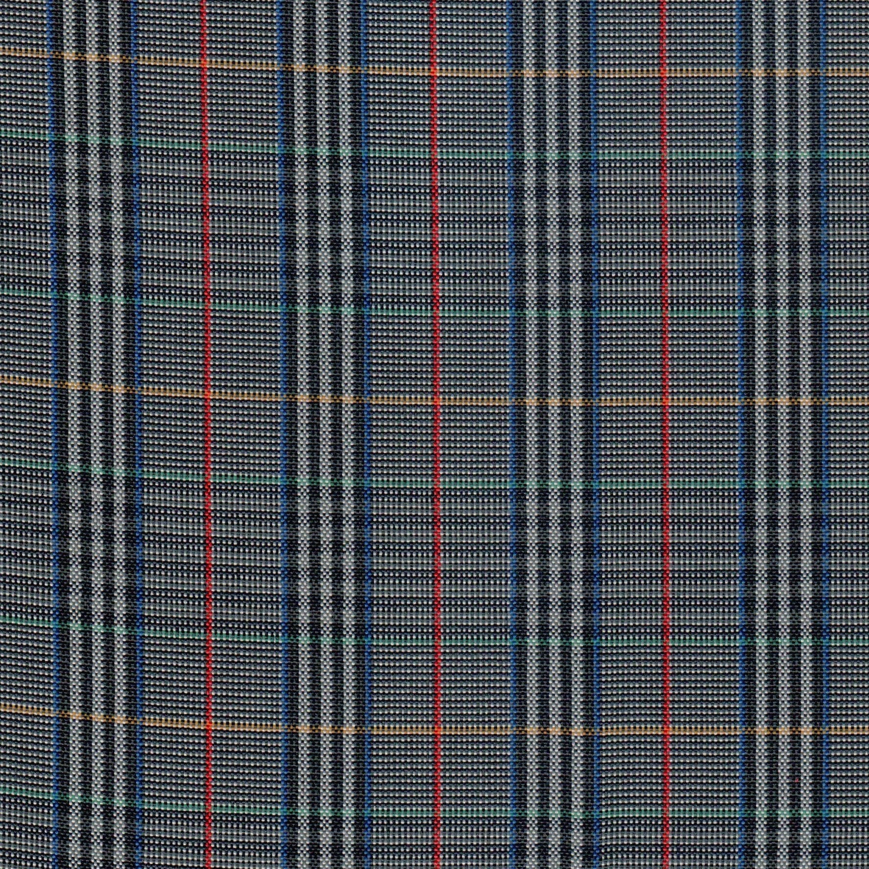 Tela escocesa de poliéster gris con cuadros azules y líneas rojas; perfecta para uniformes escolares e institucionales.