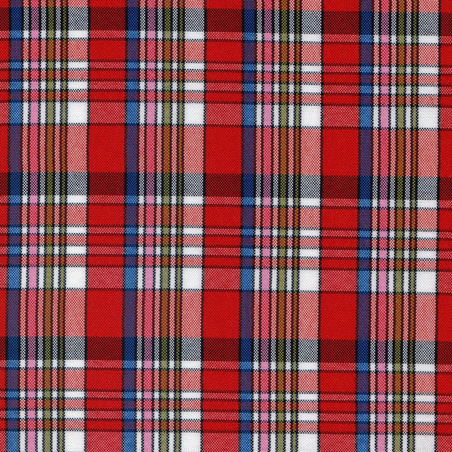 Tela escocesa de poliéster SchoolLine en tartán rojo con rayas azules y blancas, ideal para uniformes escolares e institucionales.