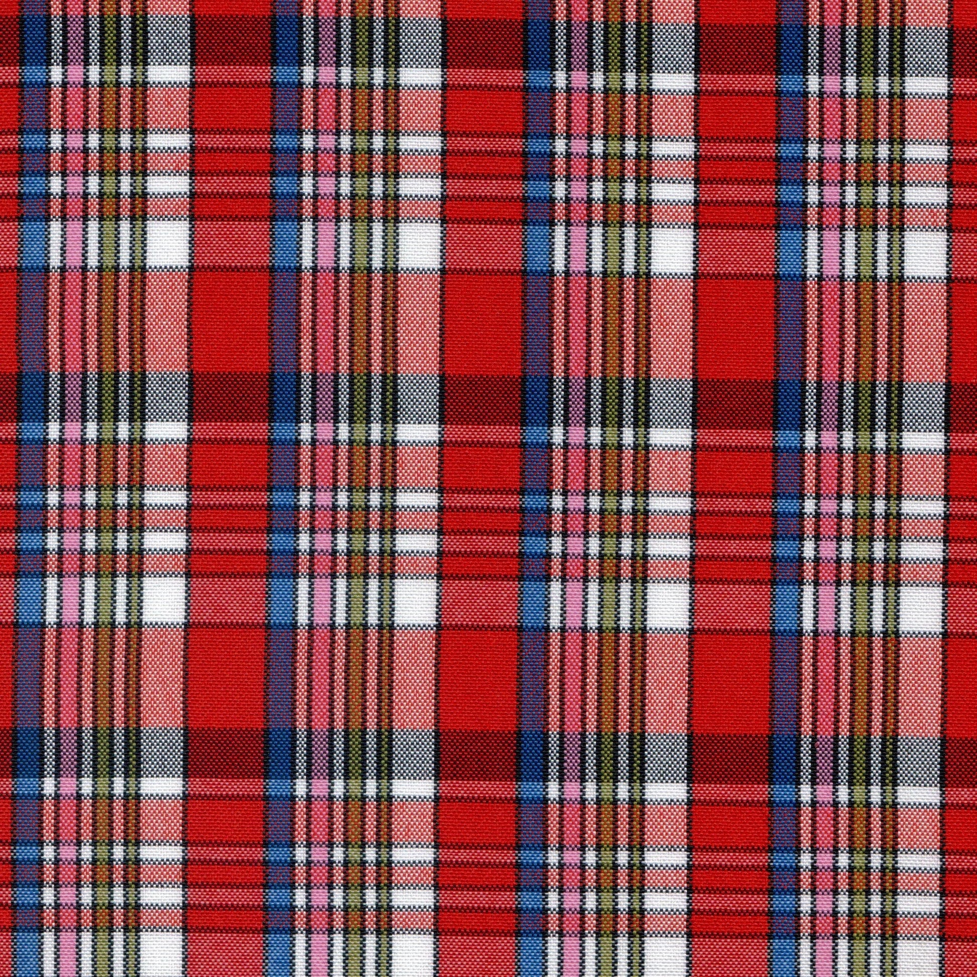 Tela escocesa de poliéster SchoolLine en tartán rojo con rayas azules y blancas, ideal para uniformes escolares e institucionales.