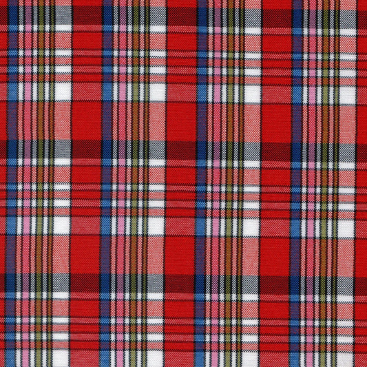 Tela escocesa de poliéster SchoolLine en tartán rojo con rayas azules y blancas, ideal para uniformes escolares e institucionales.