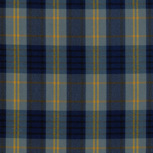 Tela escocesa de poliéster SchoolLine, tartán azul marino y gris con líneas amarillas; ideal para uniformes escolares e institucionales.