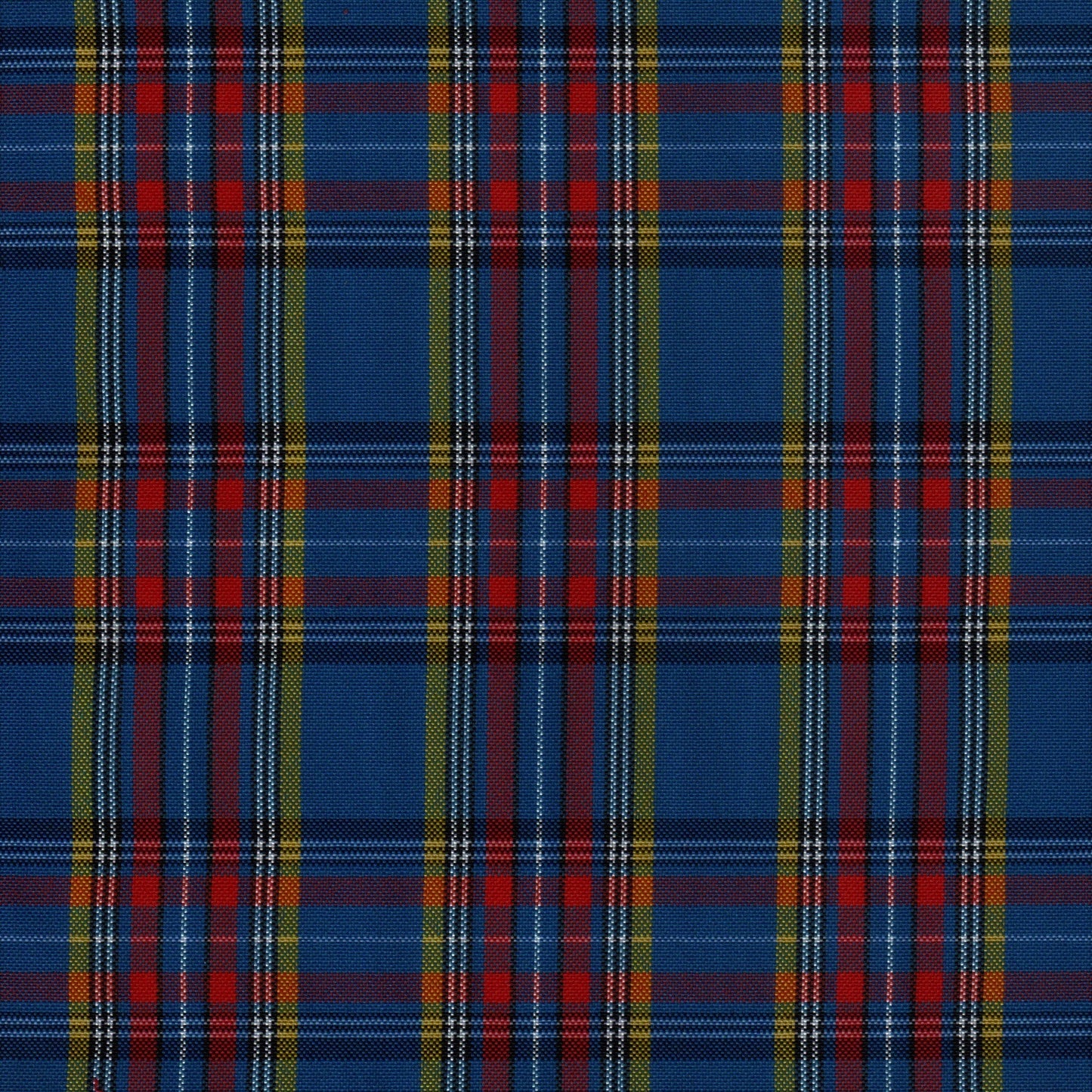 Tela escocesa de poliéster SchoolLine para uniformes escolares e institucionales; azul, rojo y amarillo en diseño tartán.
