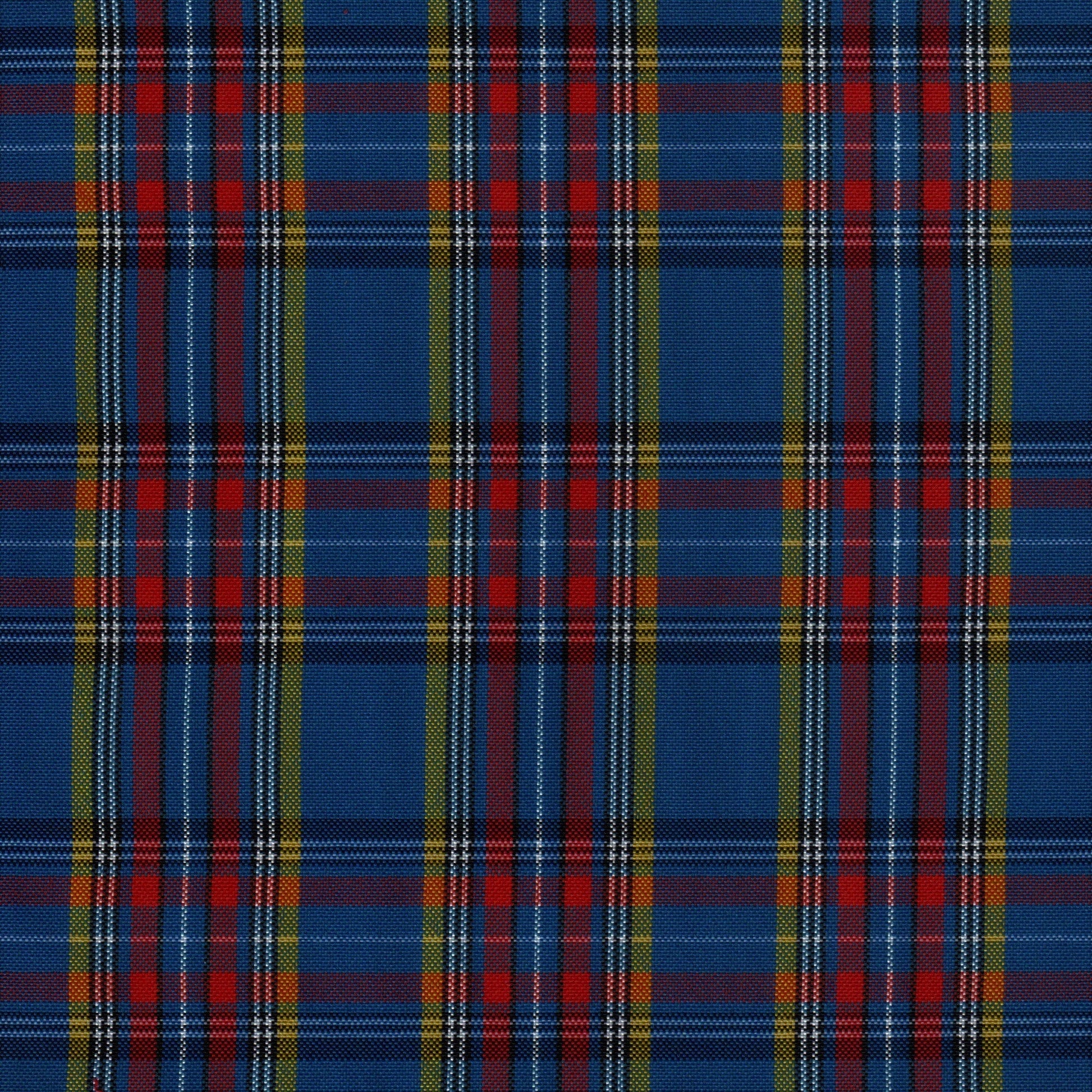 Tela escocesa de poliéster SchoolLine para uniformes escolares e institucionales; azul, rojo y amarillo en diseño tartán.