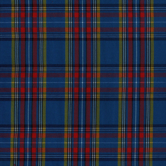 Tela escocesa de poliéster SchoolLine para uniformes escolares e institucionales; azul, rojo y amarillo en diseño tartán.