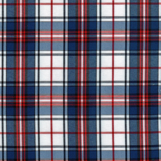 Tela escocesa de poliéster SchoolLine en azul, rojo y blanco; ideal para uniformes escolares e institucionales.