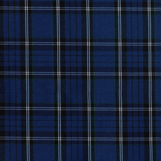 Tela escocesa de poliéster azul marino con cuadros blancos y negros; ideal para uniformes escolares e institucionales SchoolLine.