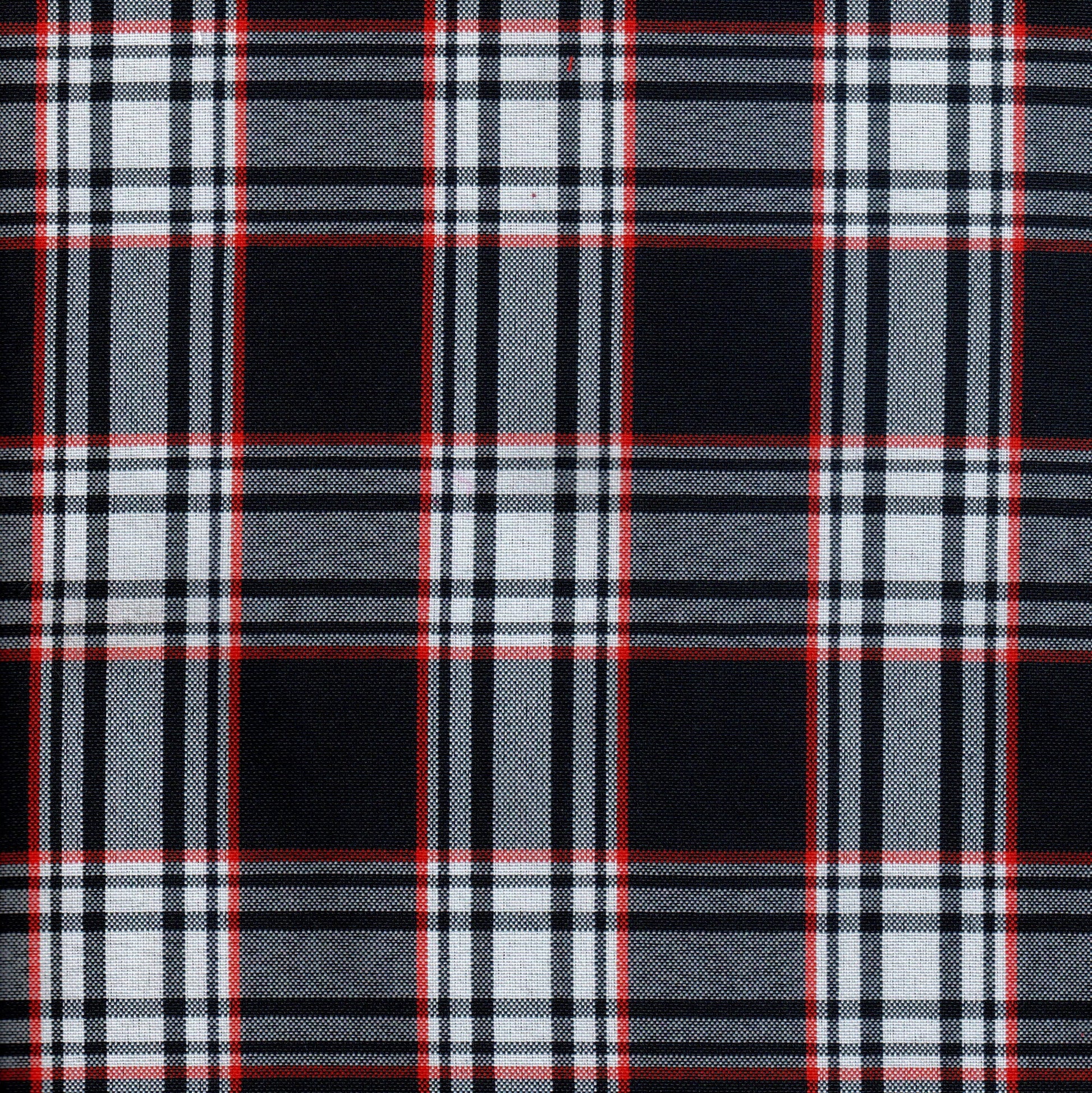 Tela escocesa de poliéster SchoolLine en cuadros azul marino, blanco y rojo, ideal para uniformes escolares e institucionales