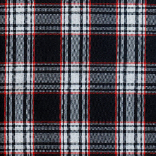 Tela escocesa de poliéster SchoolLine en cuadros azul marino, blanco y rojo, ideal para uniformes escolares e institucionales