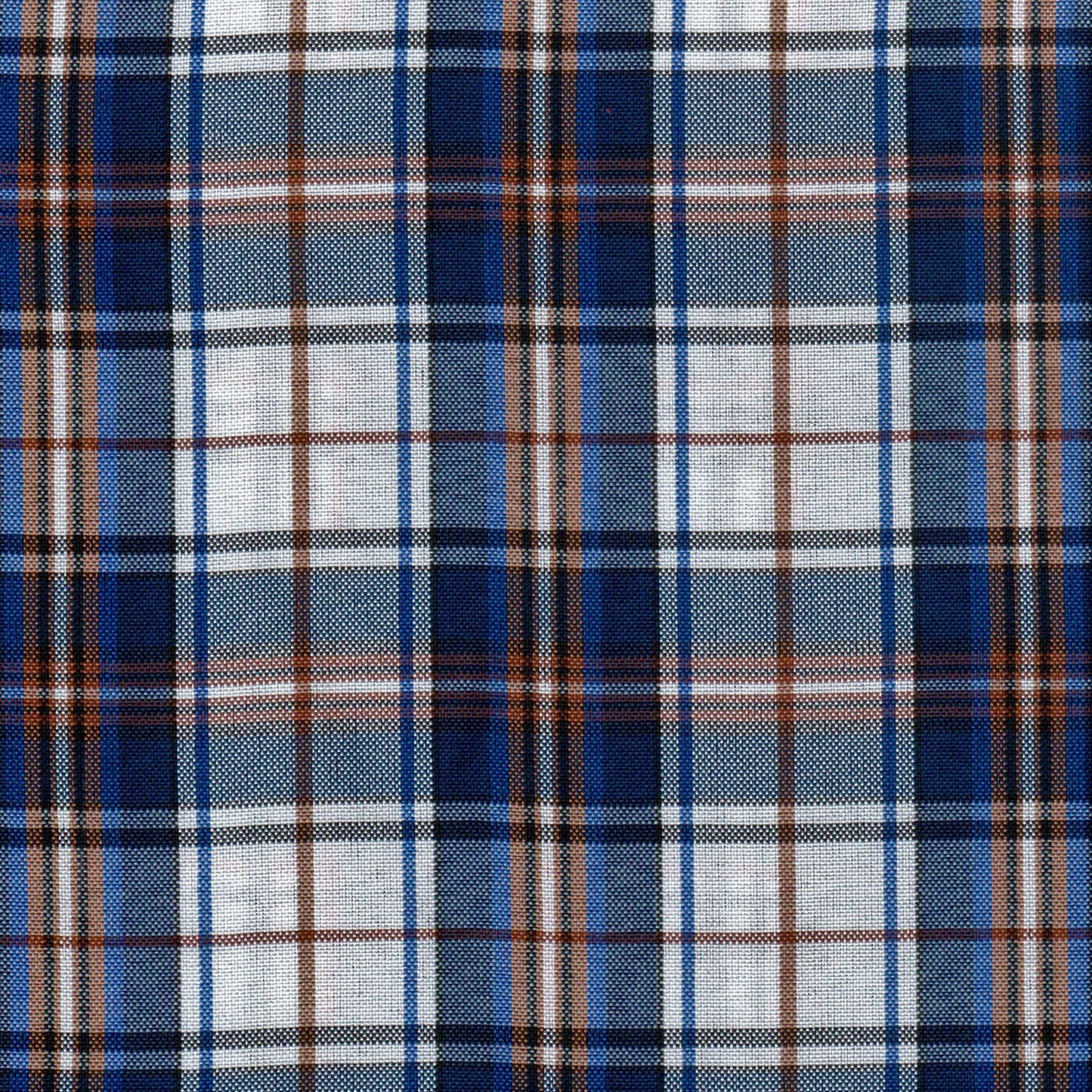 Tela escocesa de poliéster SchoolLine en cuadros azul, blanco y marrón, ideal para uniformes escolares e institucionales.