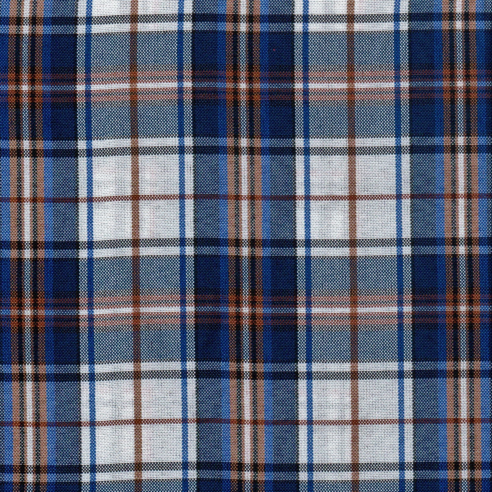 Tela escocesa de poliéster SchoolLine en cuadros azul, blanco y marrón, ideal para uniformes escolares e institucionales.