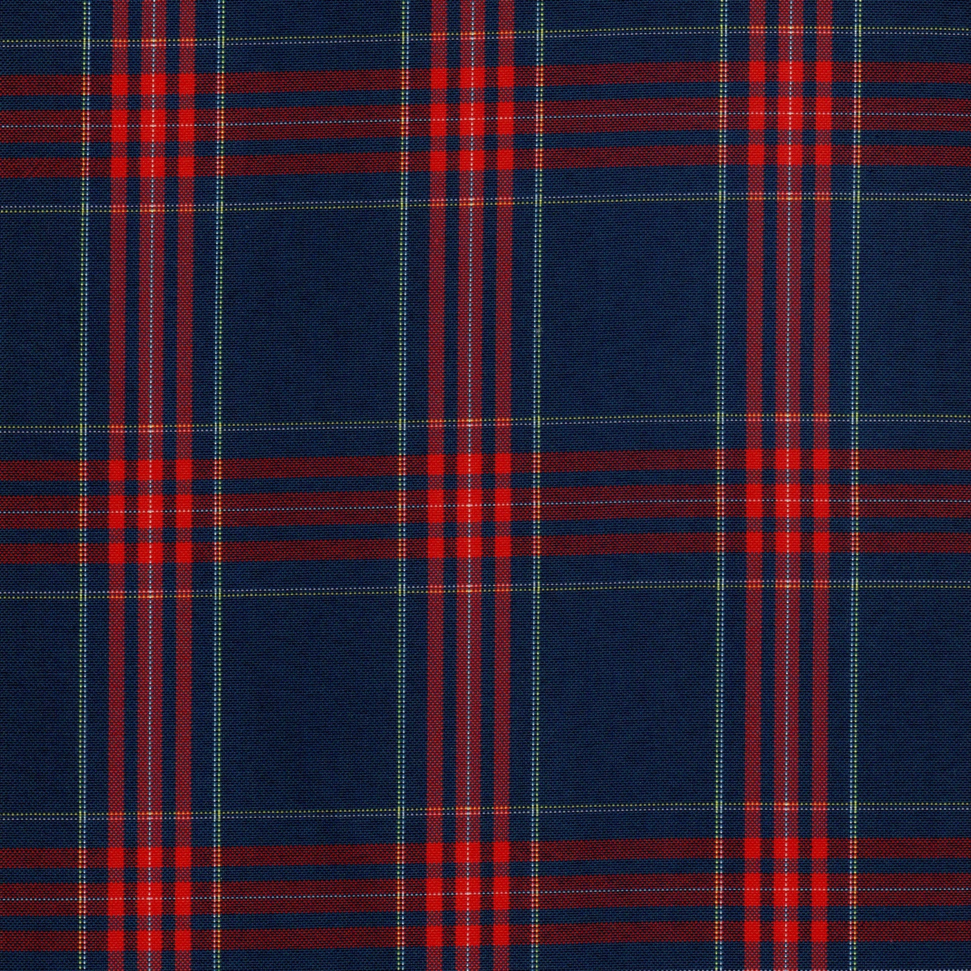 Tela escocesa de poliéster azul marino con cuadros rojos y rayas verde-amarilla, ideal para uniformes escolares institucionales.