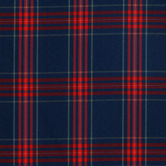 Tela escocesa de poliéster azul marino con cuadros rojos y rayas verde-amarilla, ideal para uniformes escolares institucionales.
