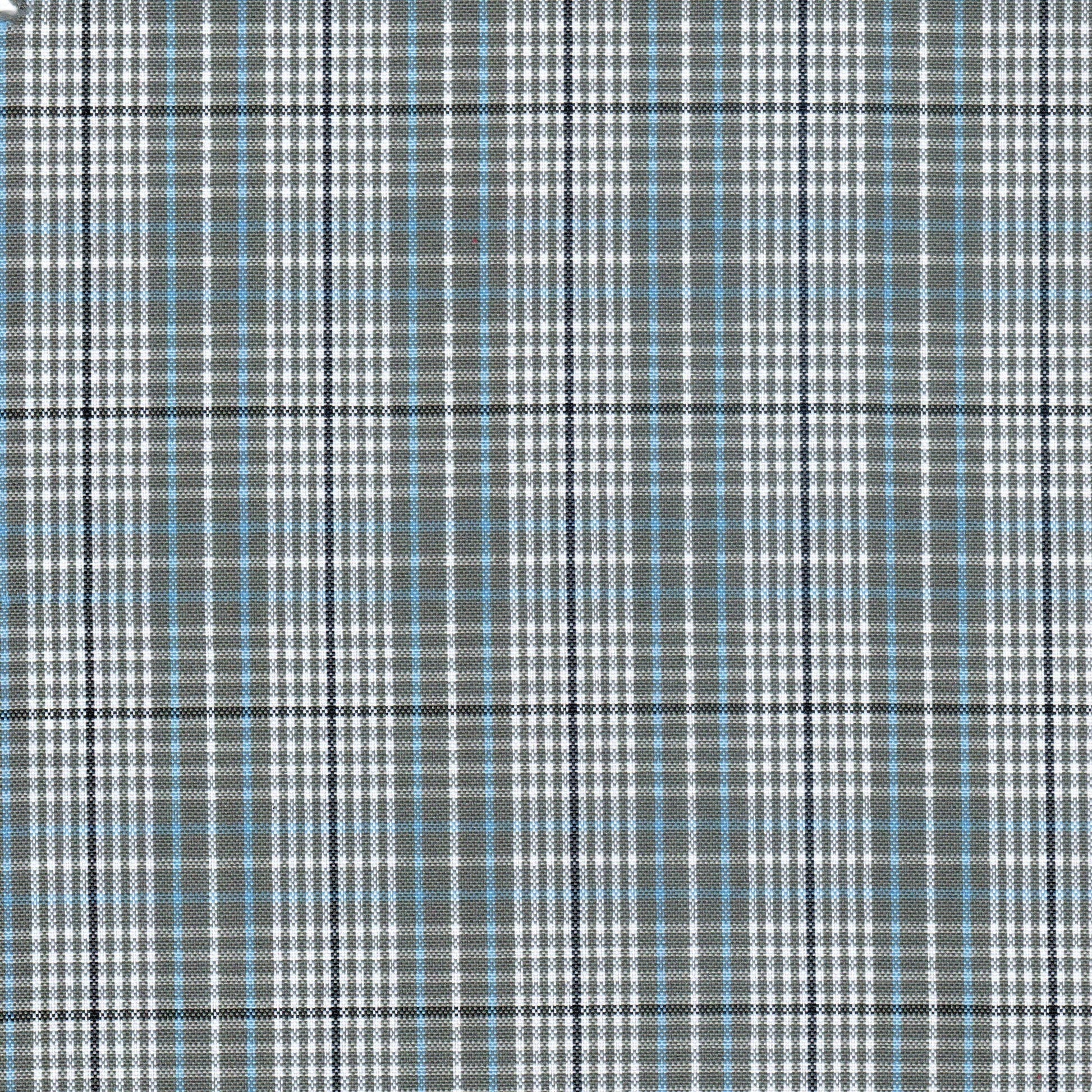 Tela escocesa de poliéster SchoolLine gris con líneas blancas, negras y azul claro, ideal para uniformes escolares e institucionales.