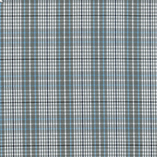 Tela escocesa de poliéster SchoolLine gris con líneas blancas, negras y azul claro, ideal para uniformes escolares e institucionales.