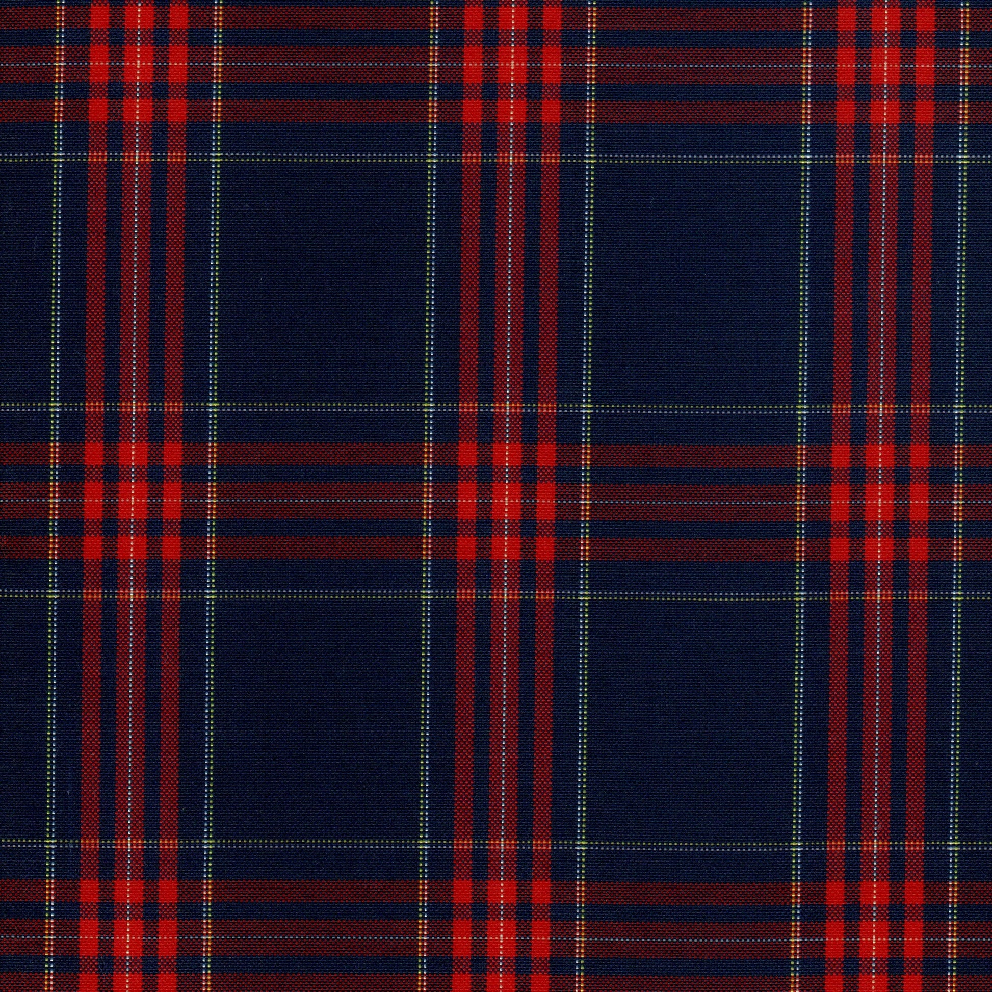 Tela escocesa de poliéster SchoolLine, tartán azul marino y rojo con líneas verdes; ideal para uniformes escolares e institucionales.