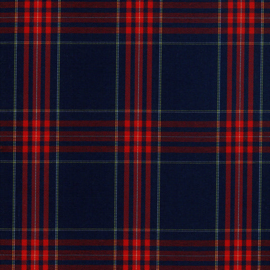 Tela escocesa de poliéster SchoolLine, tartán azul marino y rojo con líneas verdes; ideal para uniformes escolares e institucionales.