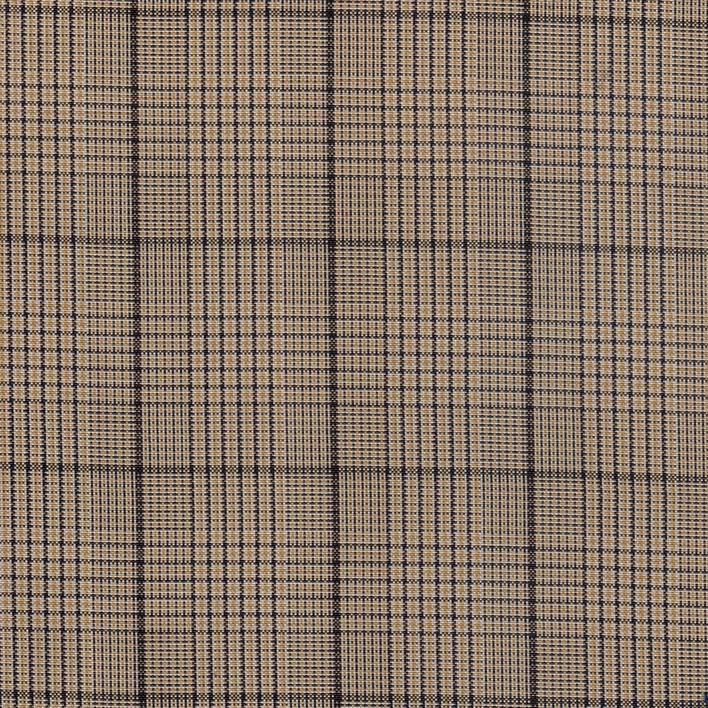 Tela escocesa de poliéster SchoolLine, cuadros beige y marrón con líneas negras, ideal para uniformes escolares e institucionales.
