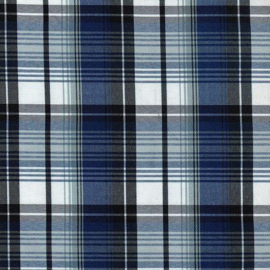Tela escocesa de poliéster a cuadros en azul marino, azul claro y blanco; ideal para uniformes escolares e institucionales SchoolLine.