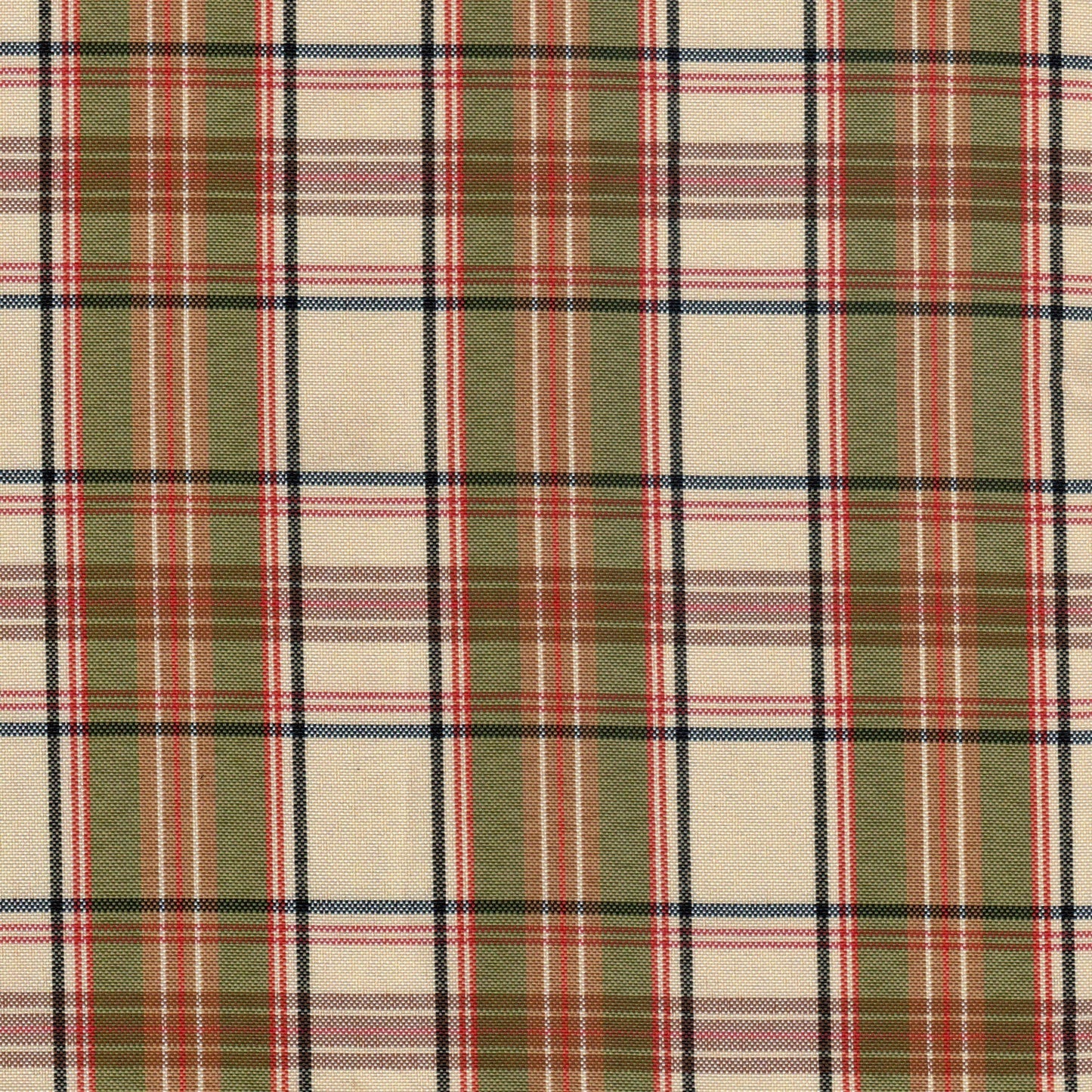 Tela escocesa de poliéster SchoolLine en tartán beige, verde olivo y rojo, ideal para uniformes escolares e institucionales.