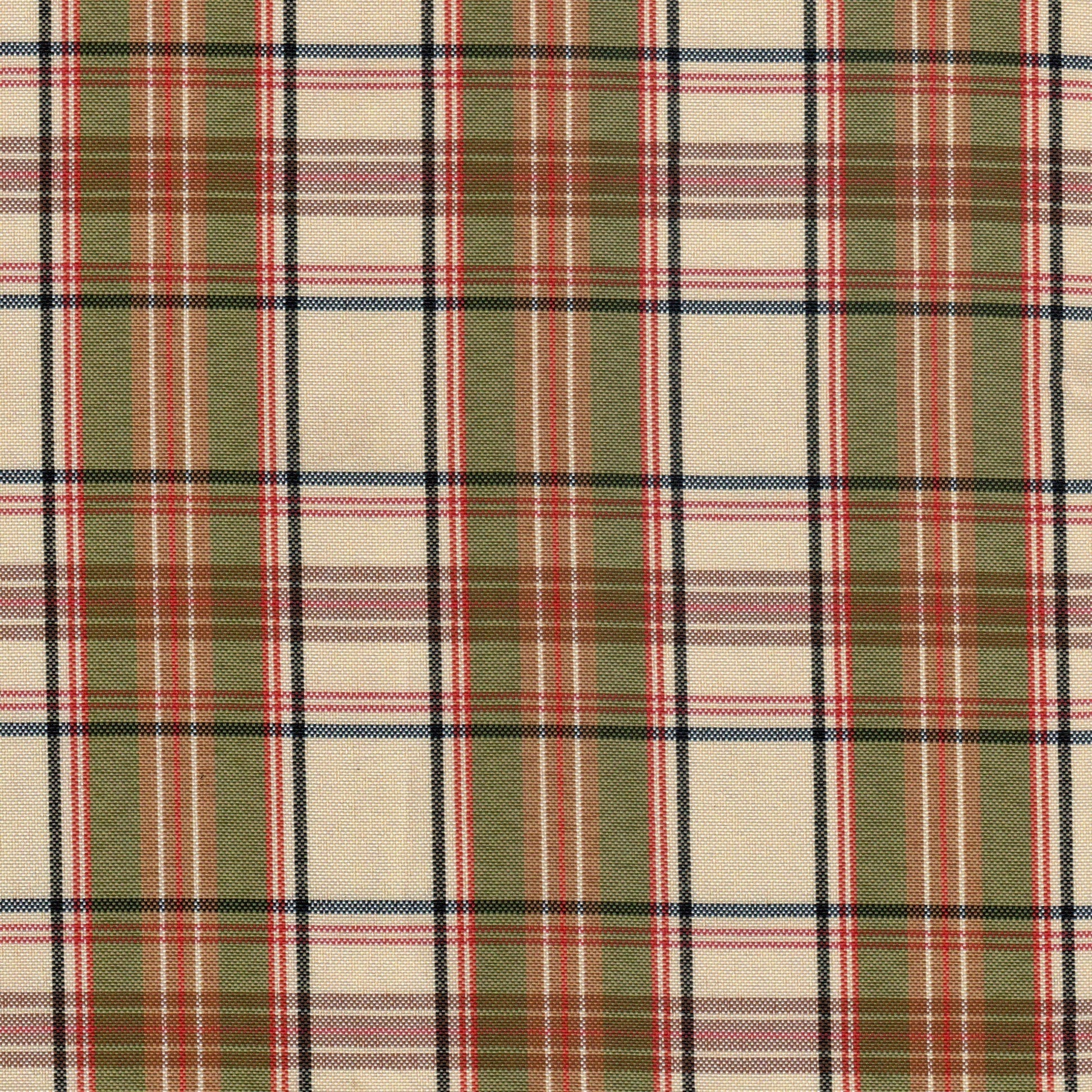 Tela escocesa de poliéster SchoolLine en tartán beige, verde olivo y rojo, ideal para uniformes escolares e institucionales.