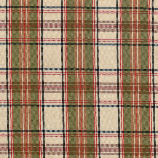 Tela escocesa de poliéster SchoolLine en tartán beige, verde olivo y rojo, ideal para uniformes escolares e institucionales.