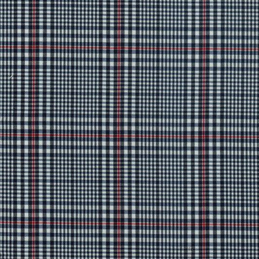Tela escocesa de poliéster SchoolLine, patrón tartán azul marino, blanco y rojo, ideal para uniformes escolares.