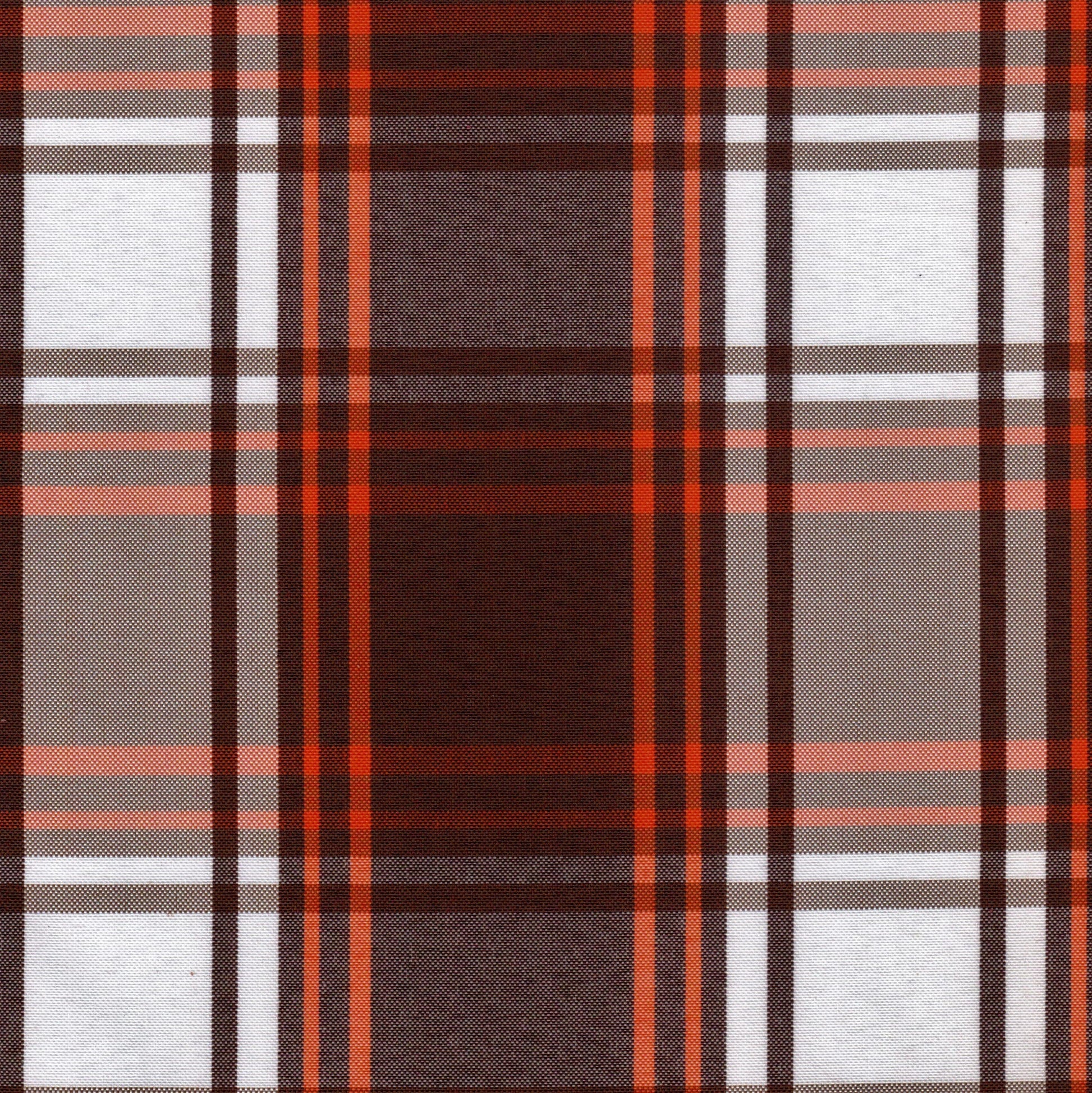 Tela escocesa de poliéster SchoolLine, cuadros marrón/naranja crema, ideal para uniformes escolares e institucionales.