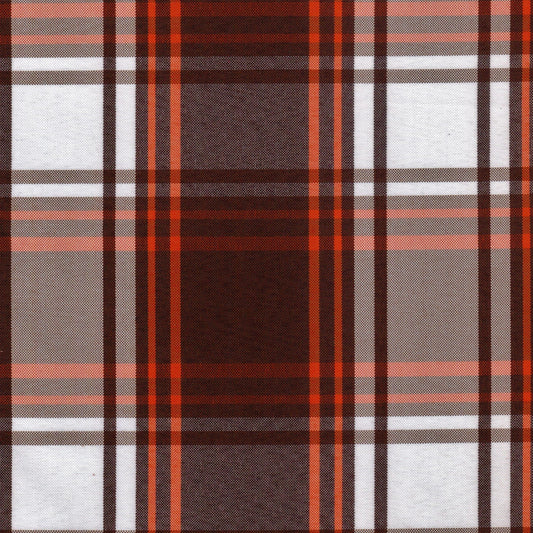 Tela escocesa de poliéster SchoolLine, cuadros marrón/naranja crema, ideal para uniformes escolares e institucionales.