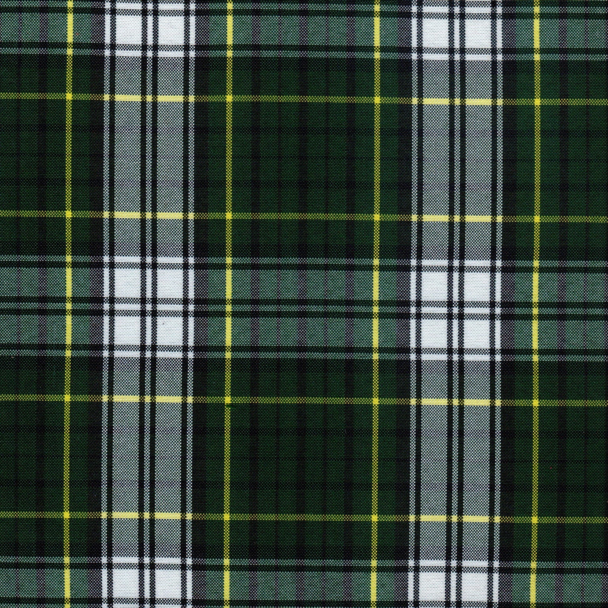 Tela escocesa de poliéster SchoolLine en verde oscuro con cuadros blancos y amarillos, ideal para uniformes escolares.