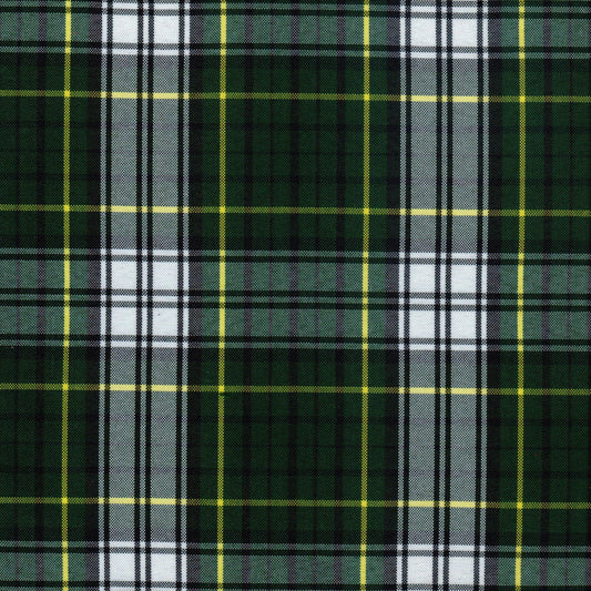 Tela escocesa de poliéster SchoolLine en verde oscuro con cuadros blancos y amarillos, ideal para uniformes escolares.