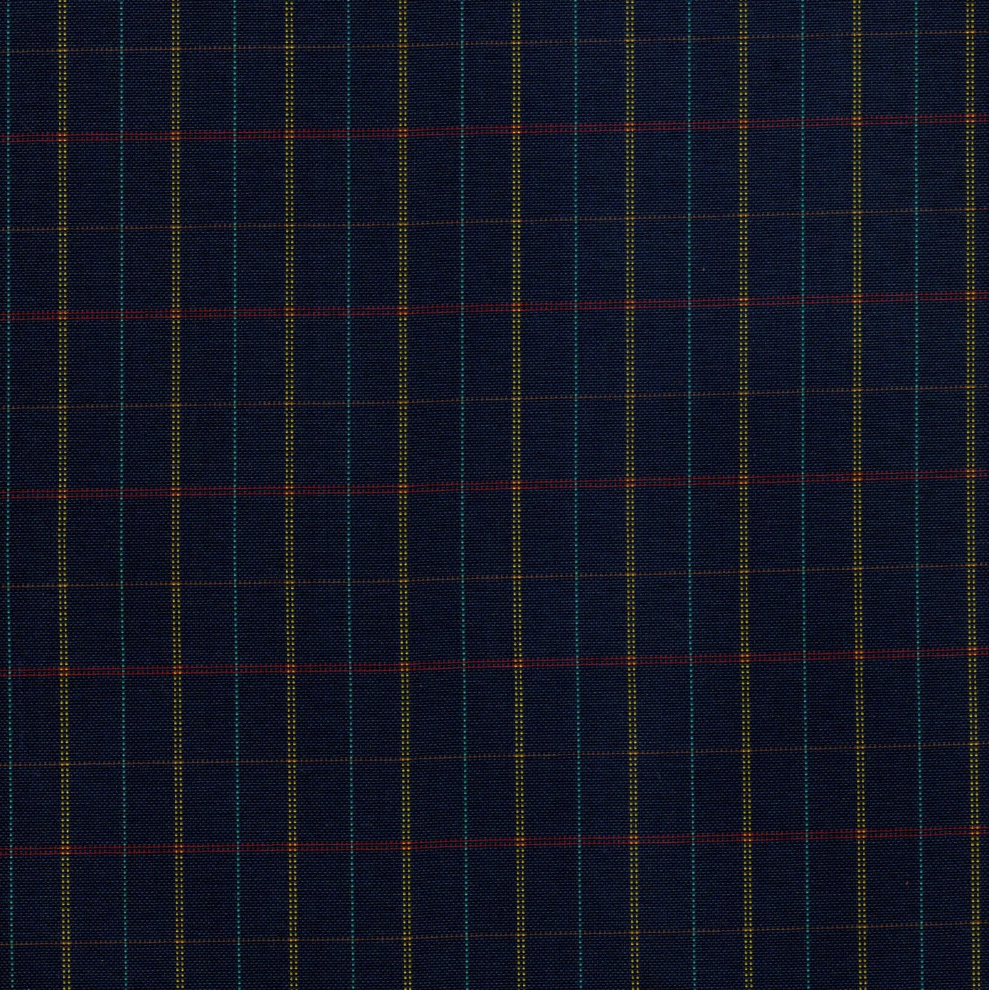 Tela escocesa de poliéster SchoolLine azul marino con cuadros verde y amarillo y líneas rojas, ideal para uniformes escolares.