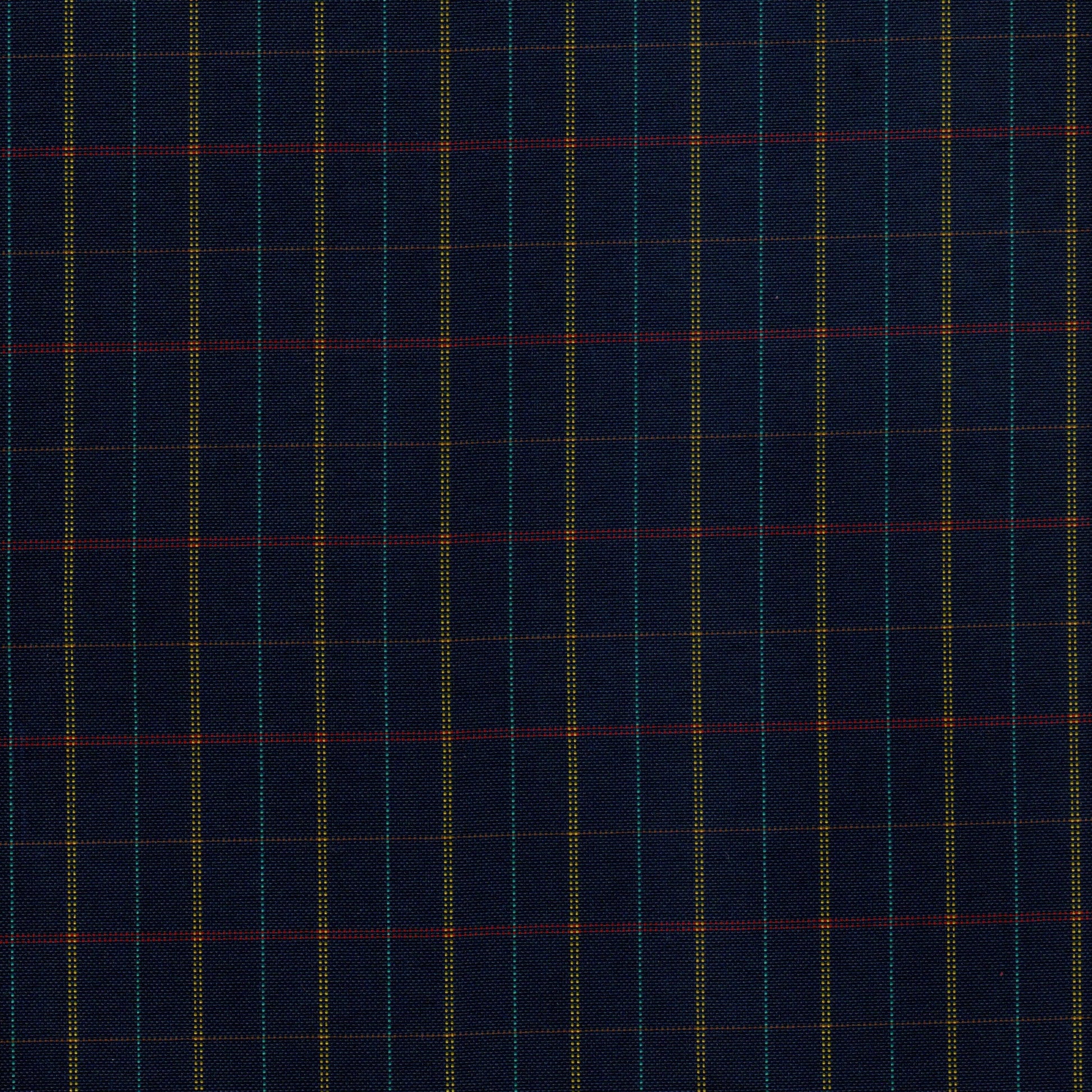 Tela escocesa de poliéster SchoolLine azul marino con cuadros verde y amarillo y líneas rojas, ideal para uniformes escolares.