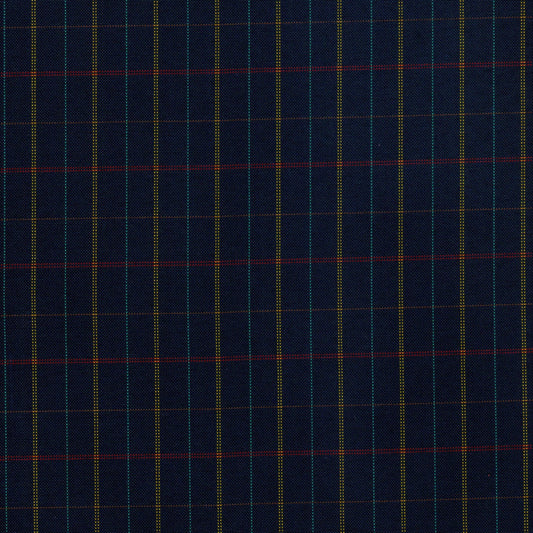 Tela escocesa de poliéster SchoolLine azul marino con cuadros verde y amarillo y líneas rojas, ideal para uniformes escolares.